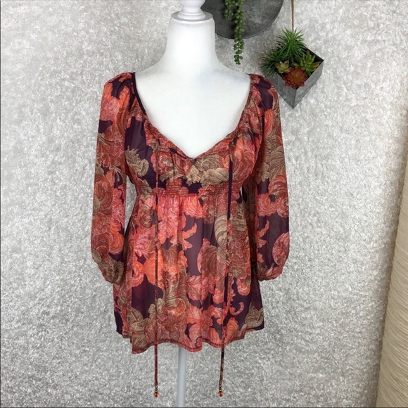 Boston Proper Boho Print Bead Tasseled Empire Waist Peasant Top Size 4 - Picture 5 of 9